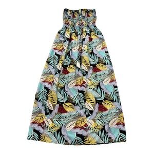 Gypsie Blu Strapless Maxi Dress Womens L Multi Tropical Smocked Tassel Tie Front